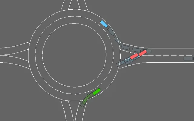 Vehicles navigating a roundabout in the LLM-guided reward-shaping environment